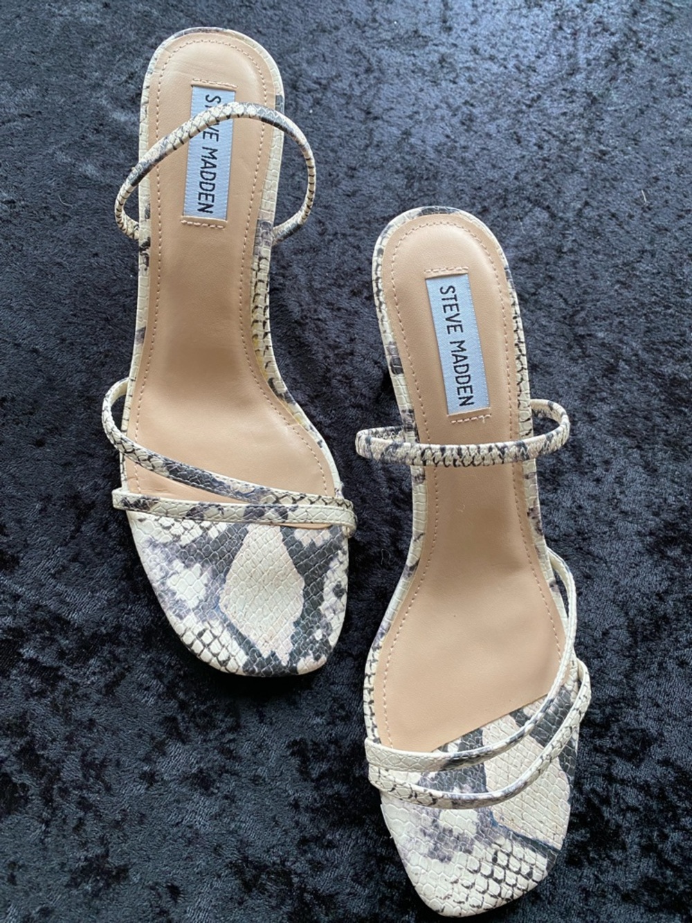Steve Madden Beige and Black Snake-Print Strappy Heels